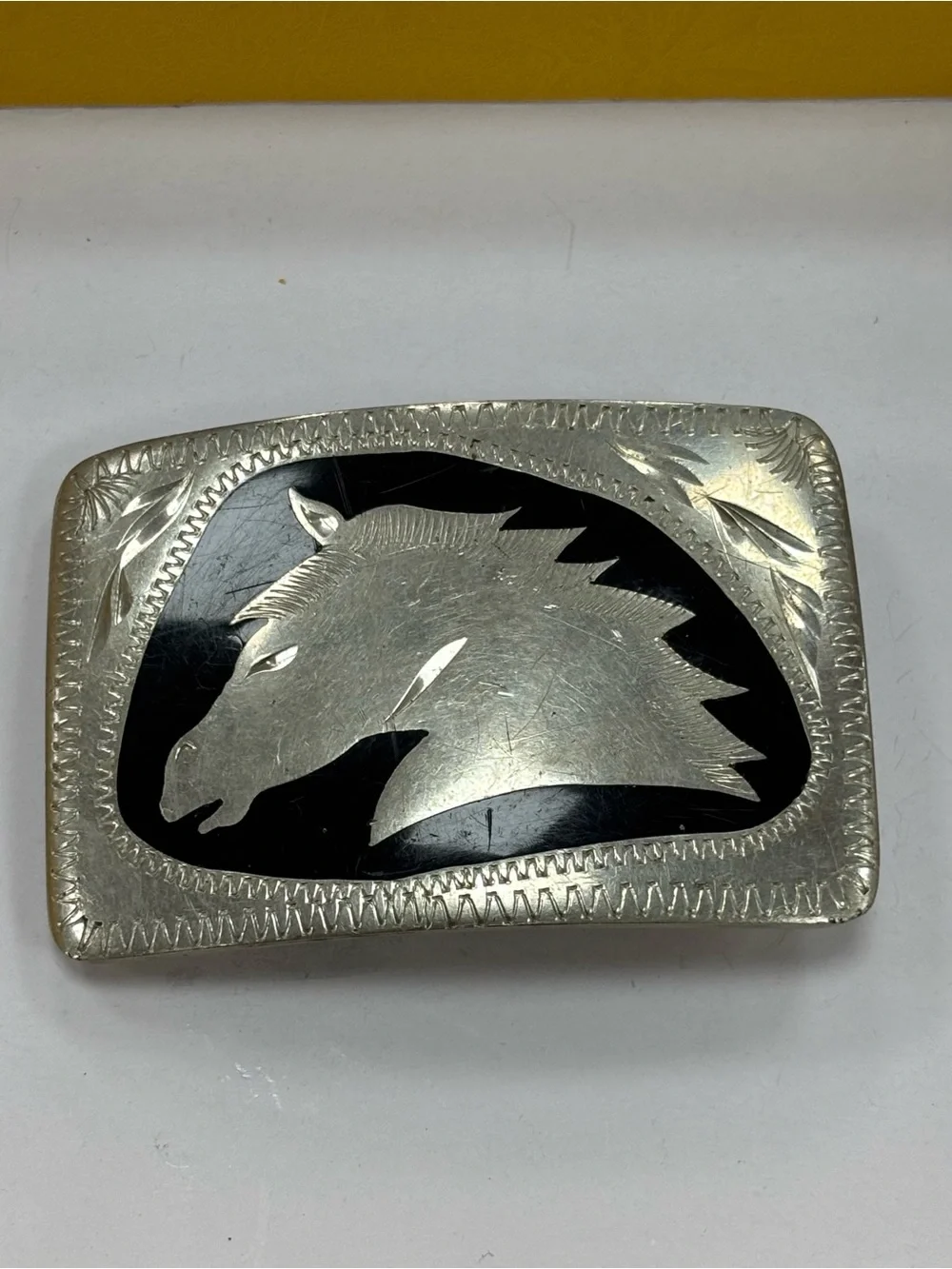 Vintage Western German Silver Engraved Horse Head Belt Buckle Black Onyx